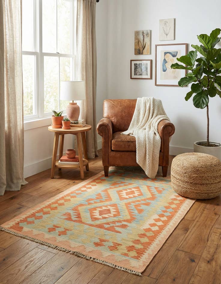 Detail image of 2' 8 x 4' 2  Hand Woven Kilim Waziri Wool Rug