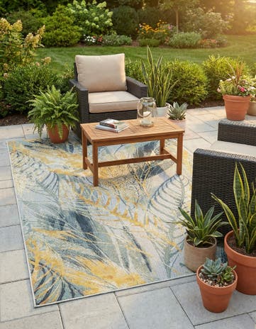 Gray Ivory Yellow Easy-Clean Botanical Indoor / Outdoor Rug