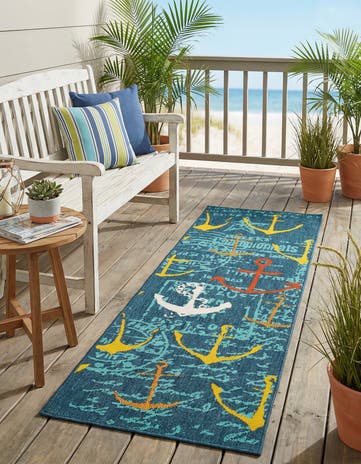 Navy Blue Easy-Clean Coastal Indoor / Outdoor Runner Rug