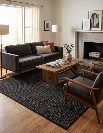 Black Hand Woven Lattice Wool Square Rug