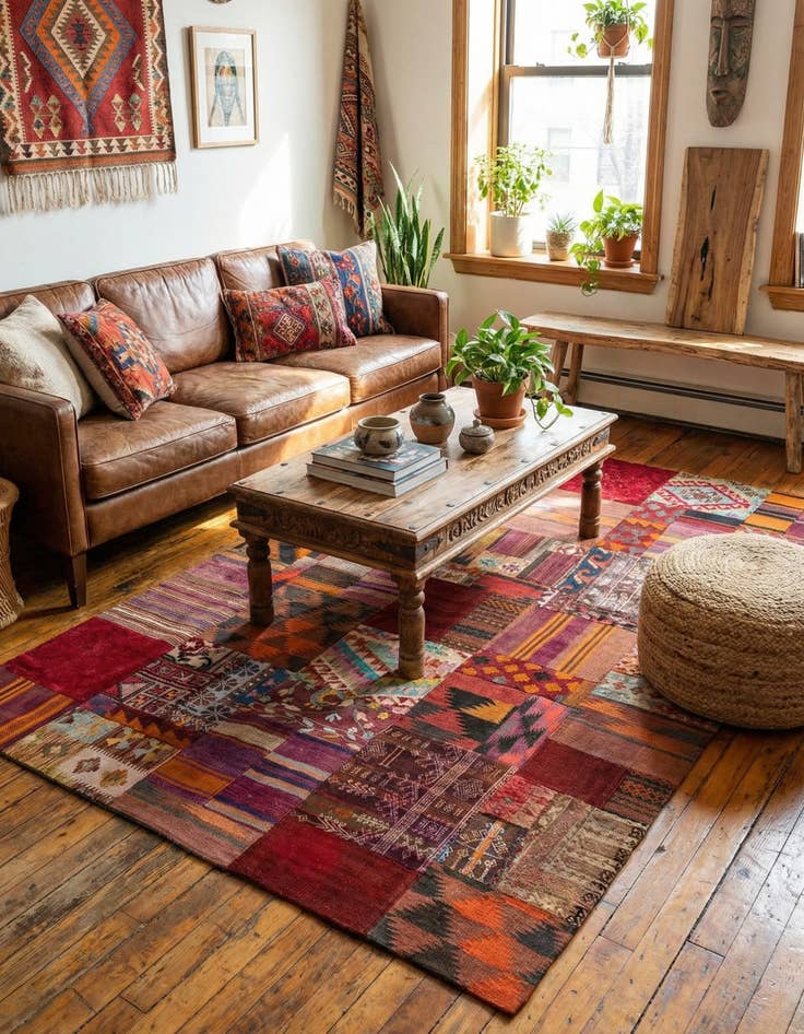 Detail image of 5' 7 x 8'  Hand Woven Kilim Patchwork Wool Rug