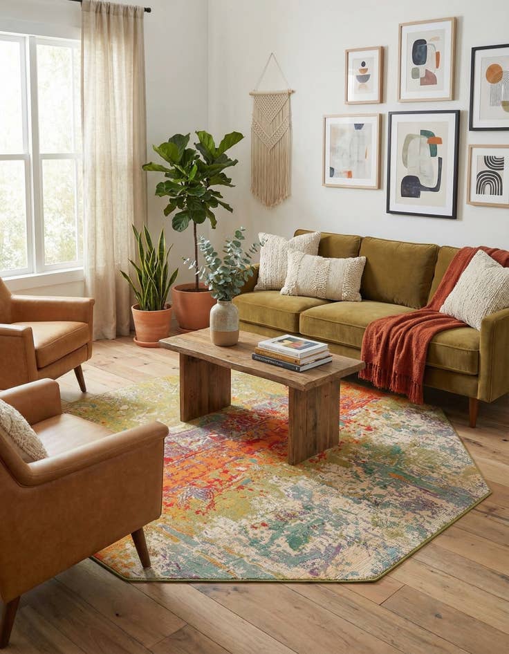 Detail image of 7' x 7'  Washable Modern Indoor / Outdoor Octagon Rug