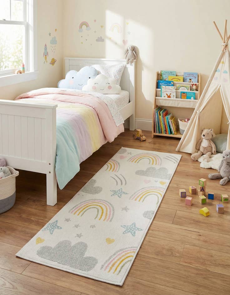 Detail image of  2' 2 x 6' Clouds and Rainbows Whimsy Kids Runner Rug