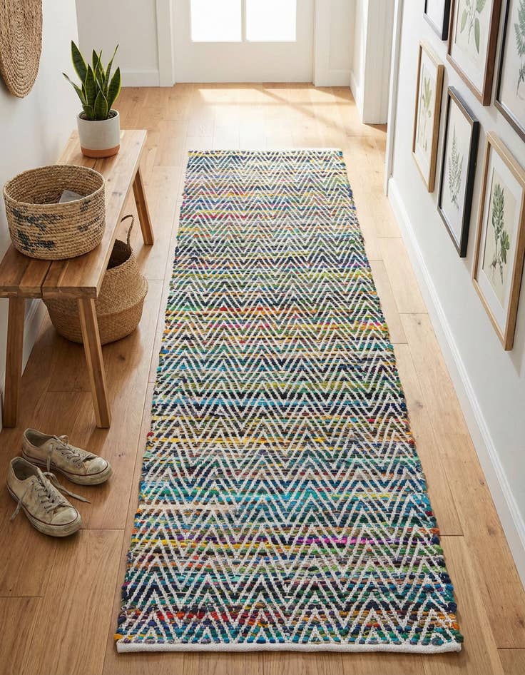 Detail image of  2' 7 x 10'  Hand Woven Chindi Chevron Runner Rug