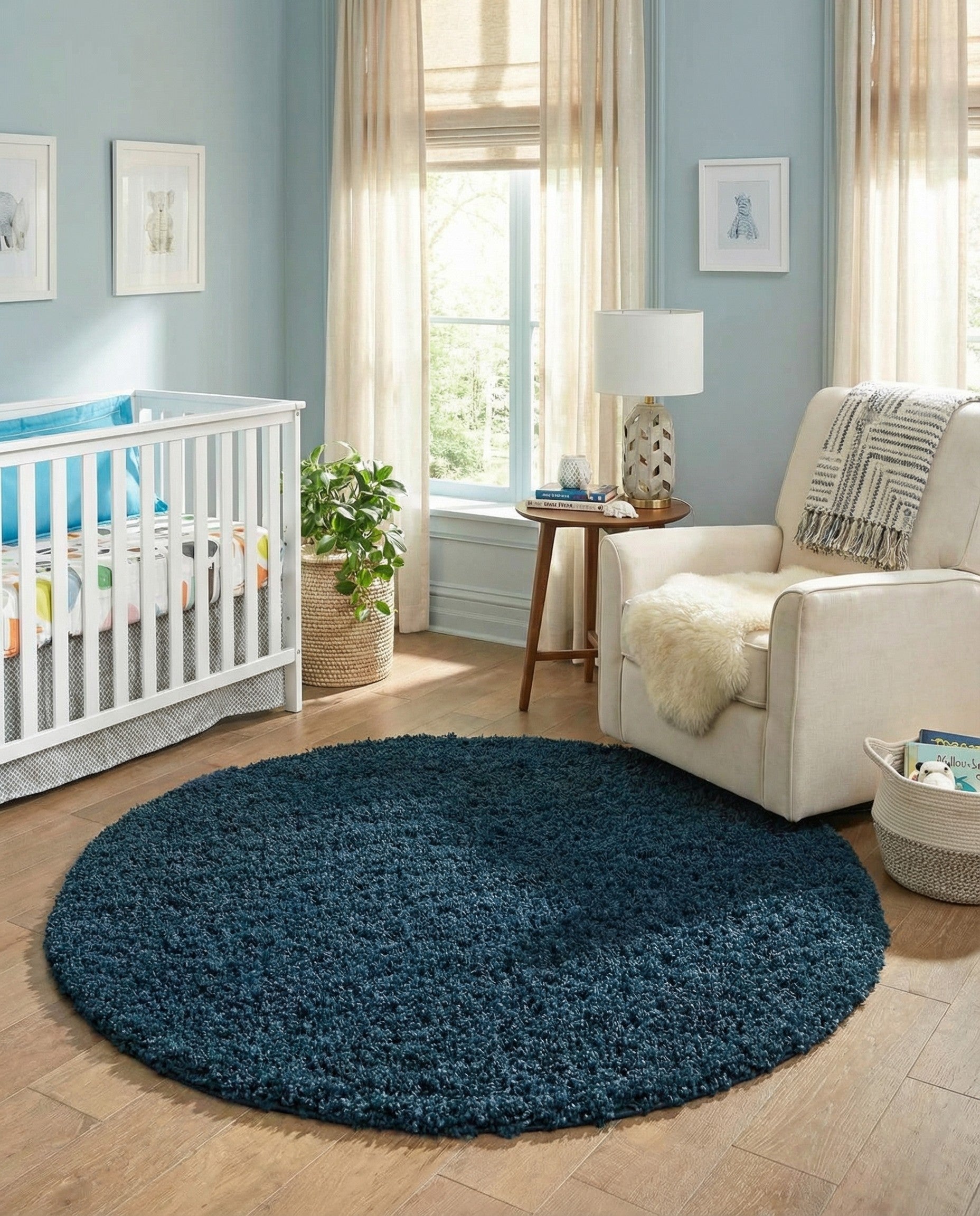 A soft, plush 7' 10 round blue shag rug with a modern solid design, ideal for an indoor living space.
