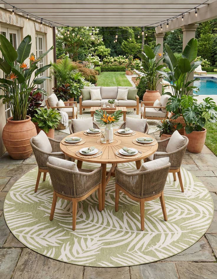 Detail image of  13' x 13'  Washable Botanical Indoor / Outdoor Round Rug