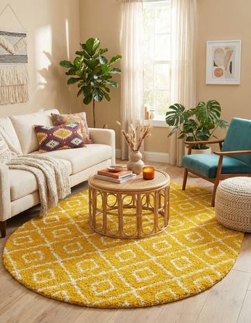 Yellow Lattice Shag Oval Rug
