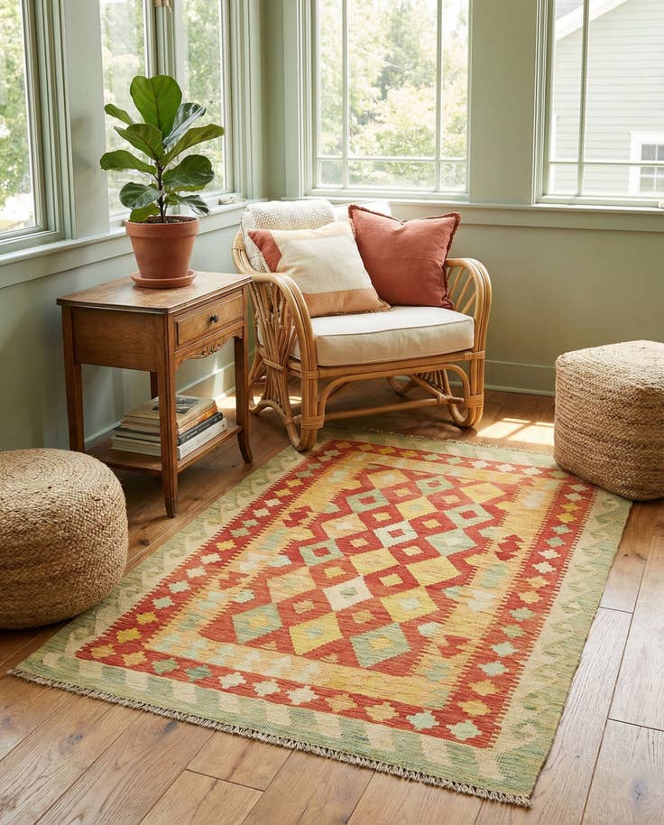Detail image of 3' 2 x 4' 10 Hand Woven Kilim Waziri Wool Rug