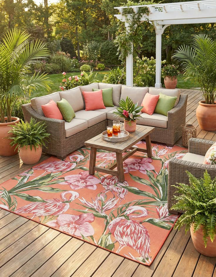 Detail image of 7' 10 x 7' 10  Washable Botanical Indoor / Outdoor Square Rug