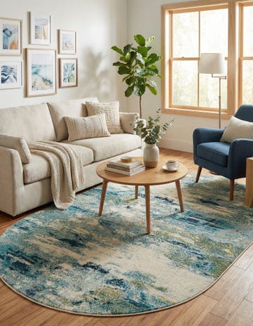 Light Blue Washable Theia Oval Rug