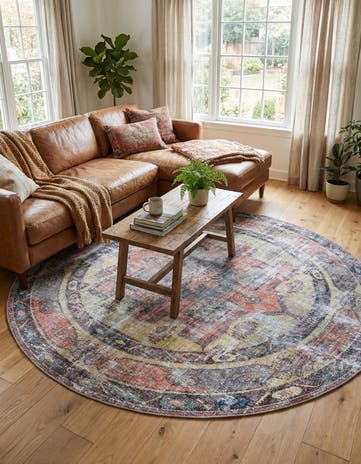 Yellow Pink Washable Maahru Round Rug