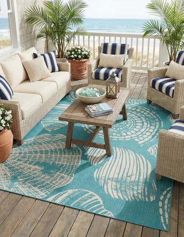 Teal Easy-Clean Coastal Indoor / Outdoor Square Rug