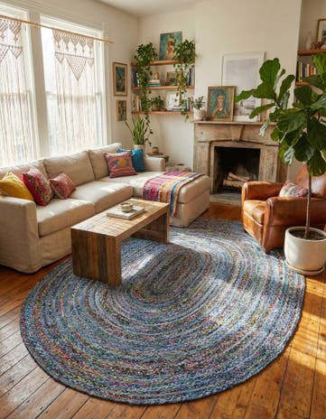 Blue and Multi Handmade Braided Chindi Oval Rug