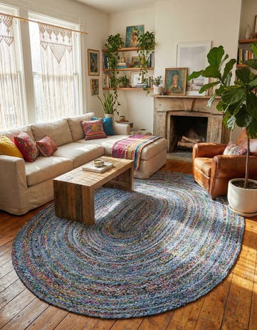 Blue and Multi Handmade Braided Chindi Oval Rug