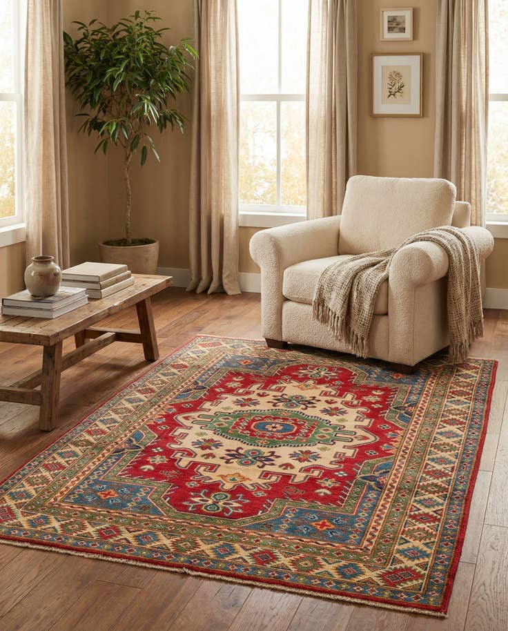 Detail image of 4' x 5' 8 Hand Knotted Kazak Rug