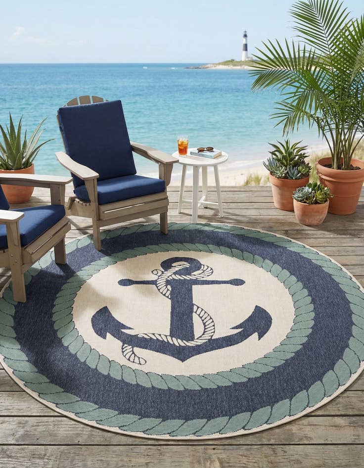 Detail image of 7' 10 x 7' 10  Washable Coastal Indoor / Outdoor Round Rug