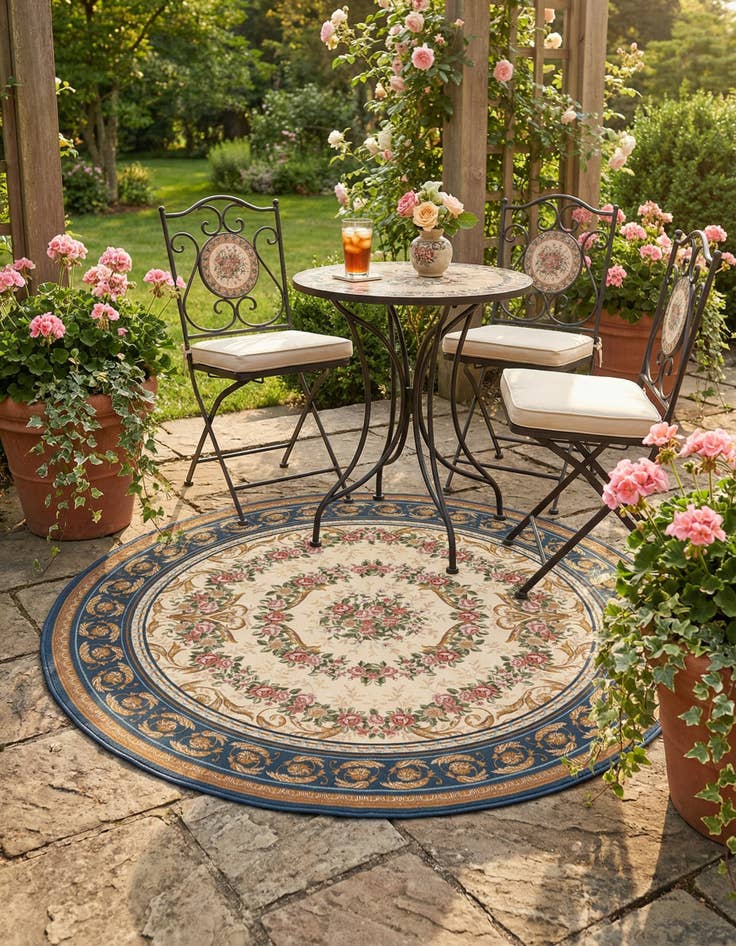 Detail image of 7' 10 x 7' 10  Washable Traditional Indoor / Outdoor Round Rug