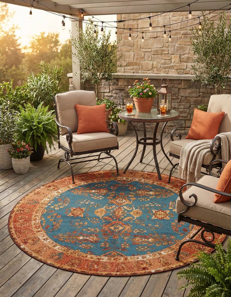 Detail image of 6' x 6' Easy-Clean Traditional Indoor / Outdoor Round Rug