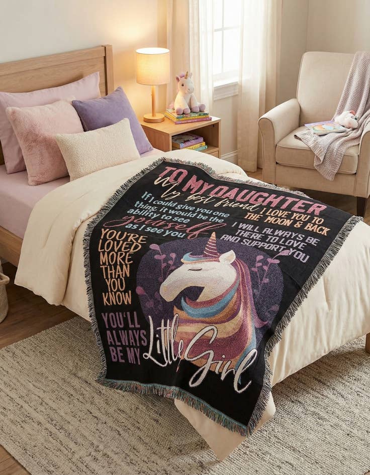 Detail image of 4' 6 x 6' To My Daughter Colorful Unicorn Throw Blanket
