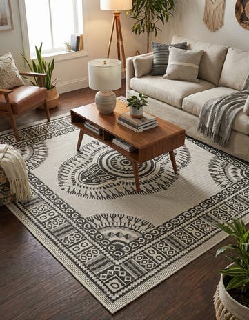 White and Black Easy-Clean Traditional Indoor / Outdoor Square Rug