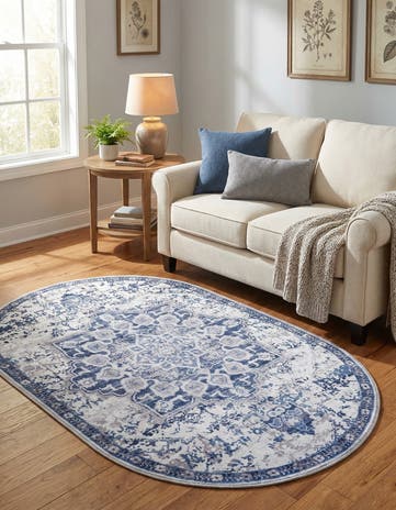 Gray Blue Washable Francesca Oval Rug