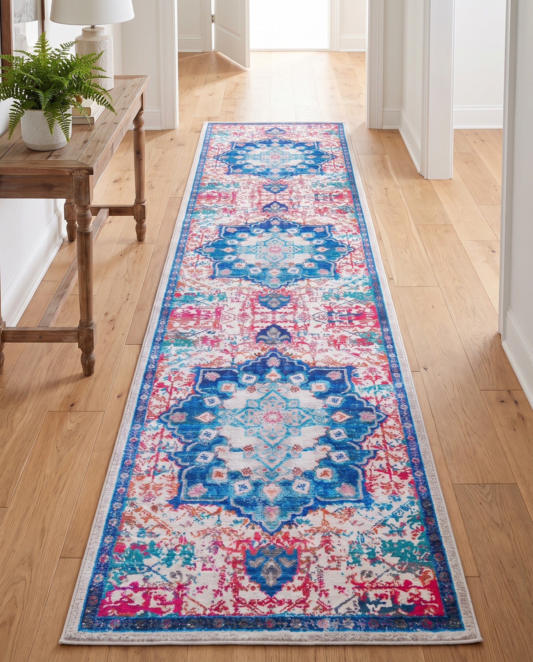 Ivory Blue Washable Francesca Runner Rug