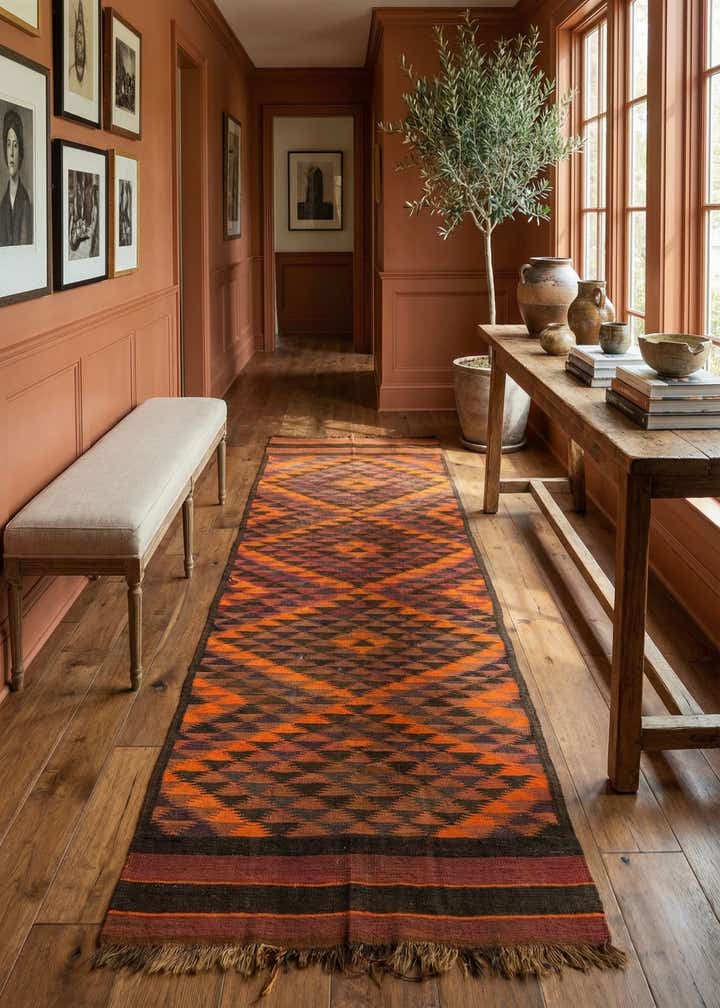 4' 5 x 14' 7 Hand Woven Kilim Fars Wool Runner Rug
