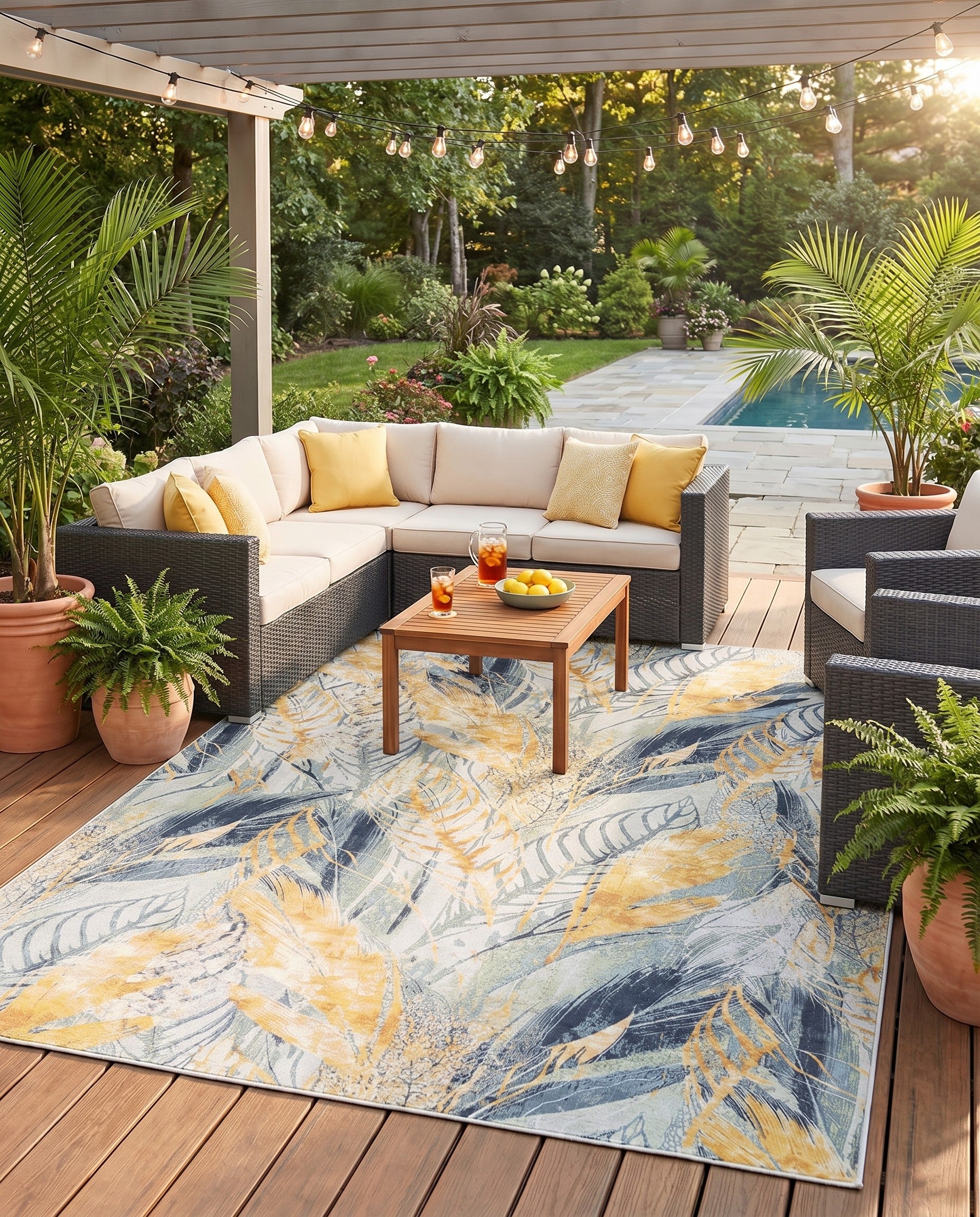 Gray Ivory Yellow Easy-Clean Botanical Indoor / Outdoor Rug