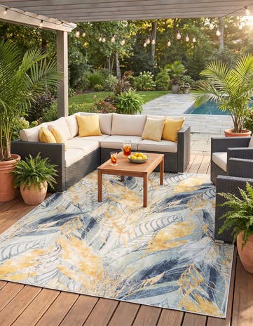 Gray Ivory Yellow Easy-Clean Botanical Indoor / Outdoor Rug