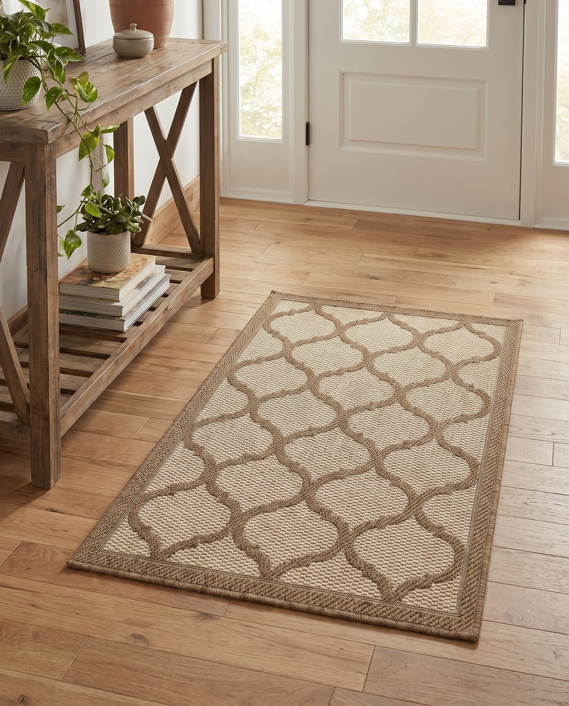 Beige and Brown Easy-Clean Trellis Indoor / Outdoor Rug