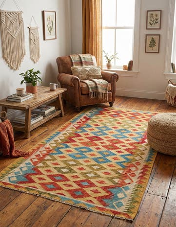 3' 3 x 6' 5 Hand Woven Kilim Maymana Wool Rug