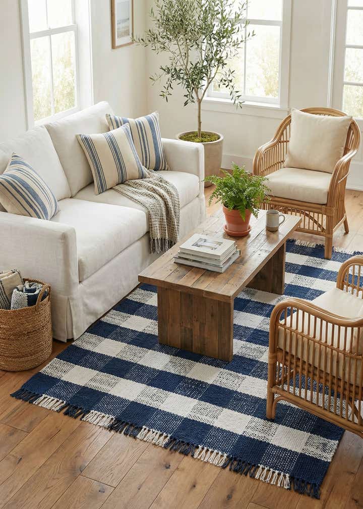 5' 3 x 8' Easy-Clean Eco Plaid Washable Indoor / Outdoor Rug