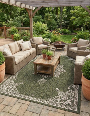 Green Easy-Clean Traditional Indoor / Outdoor Rug