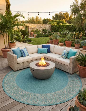 Aqua Easy-Clean Border Indoor / Outdoor Round Rug