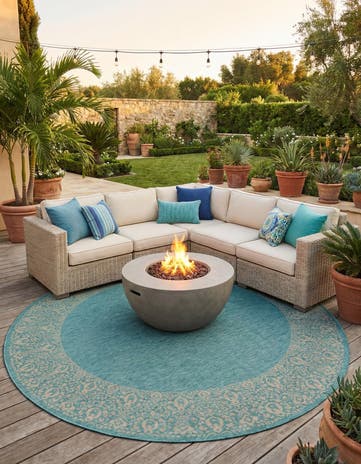 Aqua Easy-Clean Border Indoor / Outdoor Round Rug