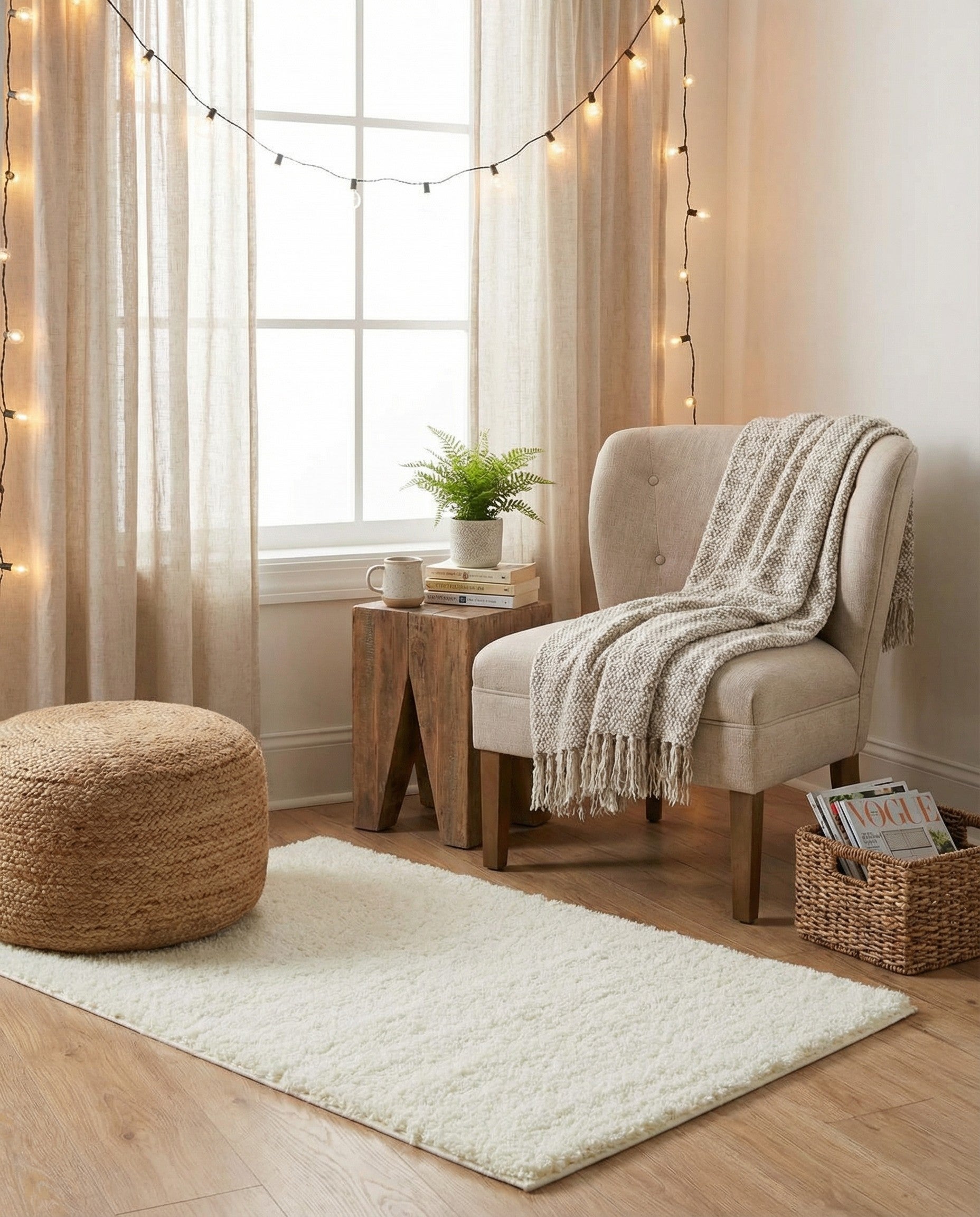 A close-up view of a soft, plush 2x3 rectangular white shag rug, showcasing its textured pile.