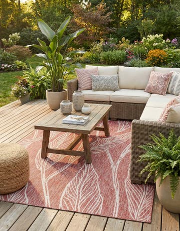 Rust Red Easy-Clean Botanical Indoor / Outdoor Rug