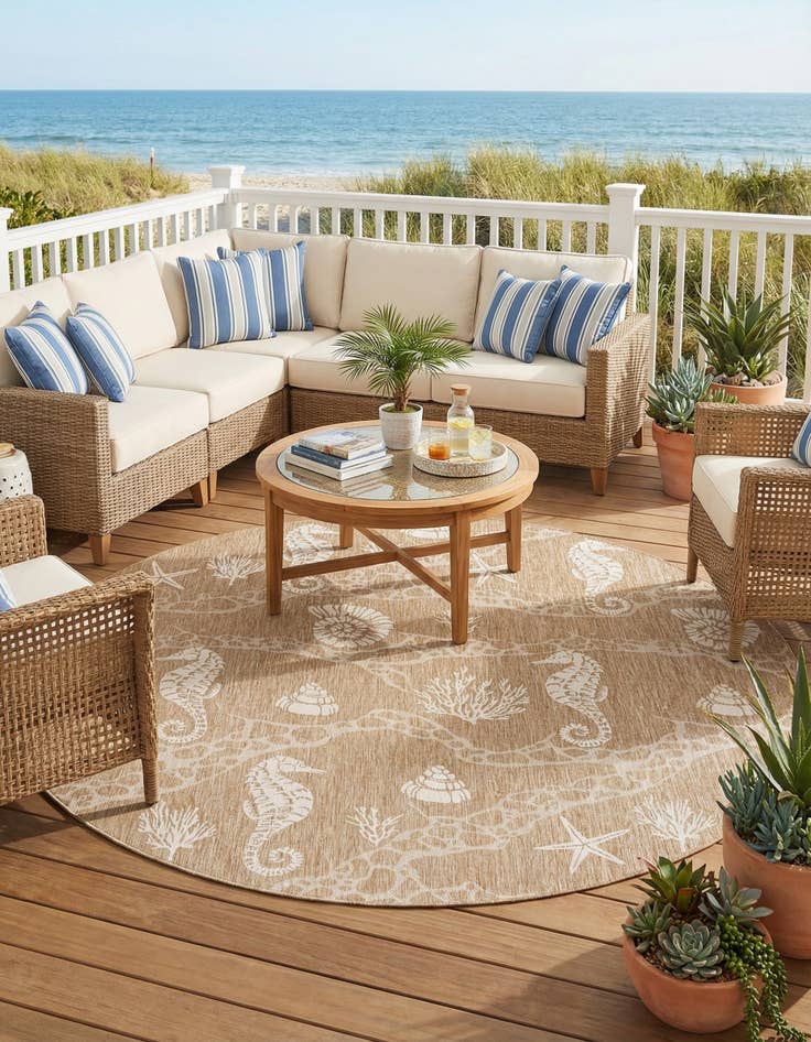 Detail image of 12' x 12'  Washable Coastal Indoor / Outdoor Round Rug