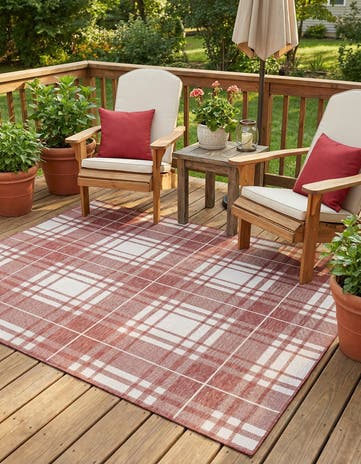 Red Easy-Clean Checkered Indoor / Outdoor Square Rug
