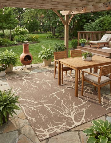 Brown Easy-Clean Botanical Indoor / Outdoor Rug