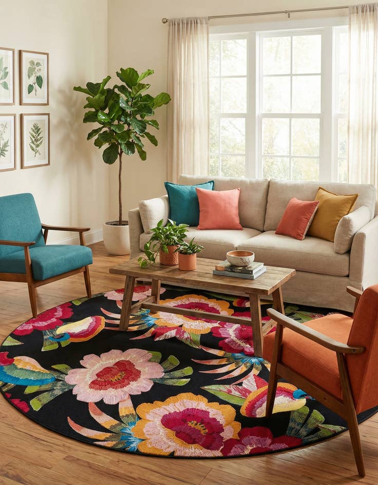 Detail image of  10' x 10'  Washable Botanical Indoor / Outdoor Round Rug