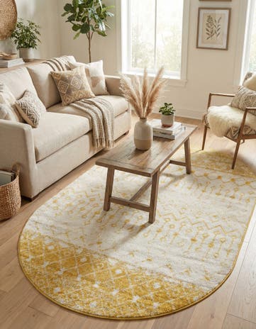 Ivory and Yellow Moroccan Trellis Oval Rug