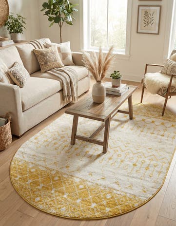 Ivory and Yellow Moroccan Trellis Oval Rug