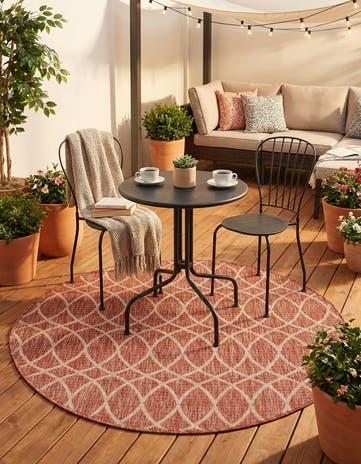 Rust Red Easy-Clean Lattice Indoor / Outdoor Round Rug