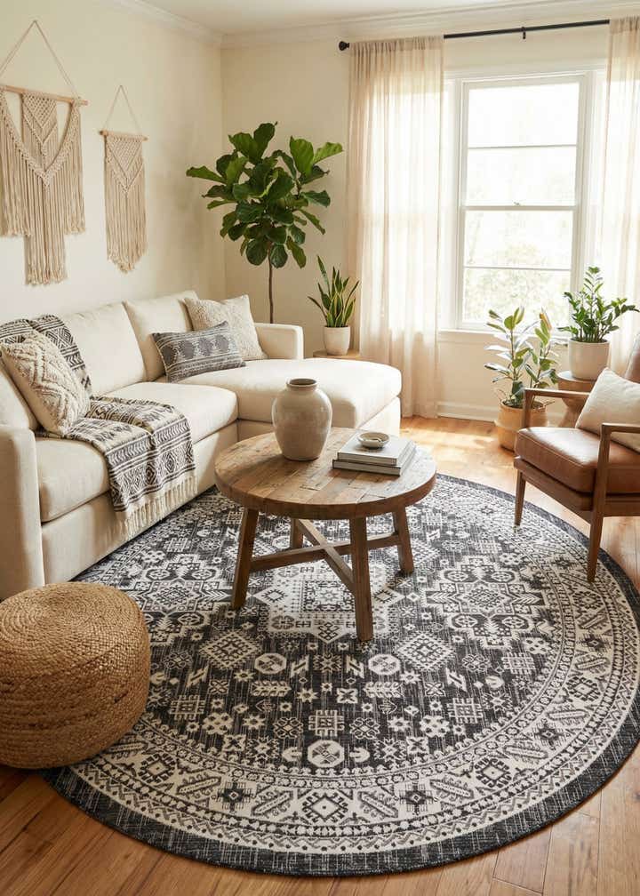 7' 10 x 7' 10 Easy-Clean Aztec Indoor / Outdoor Round Rug