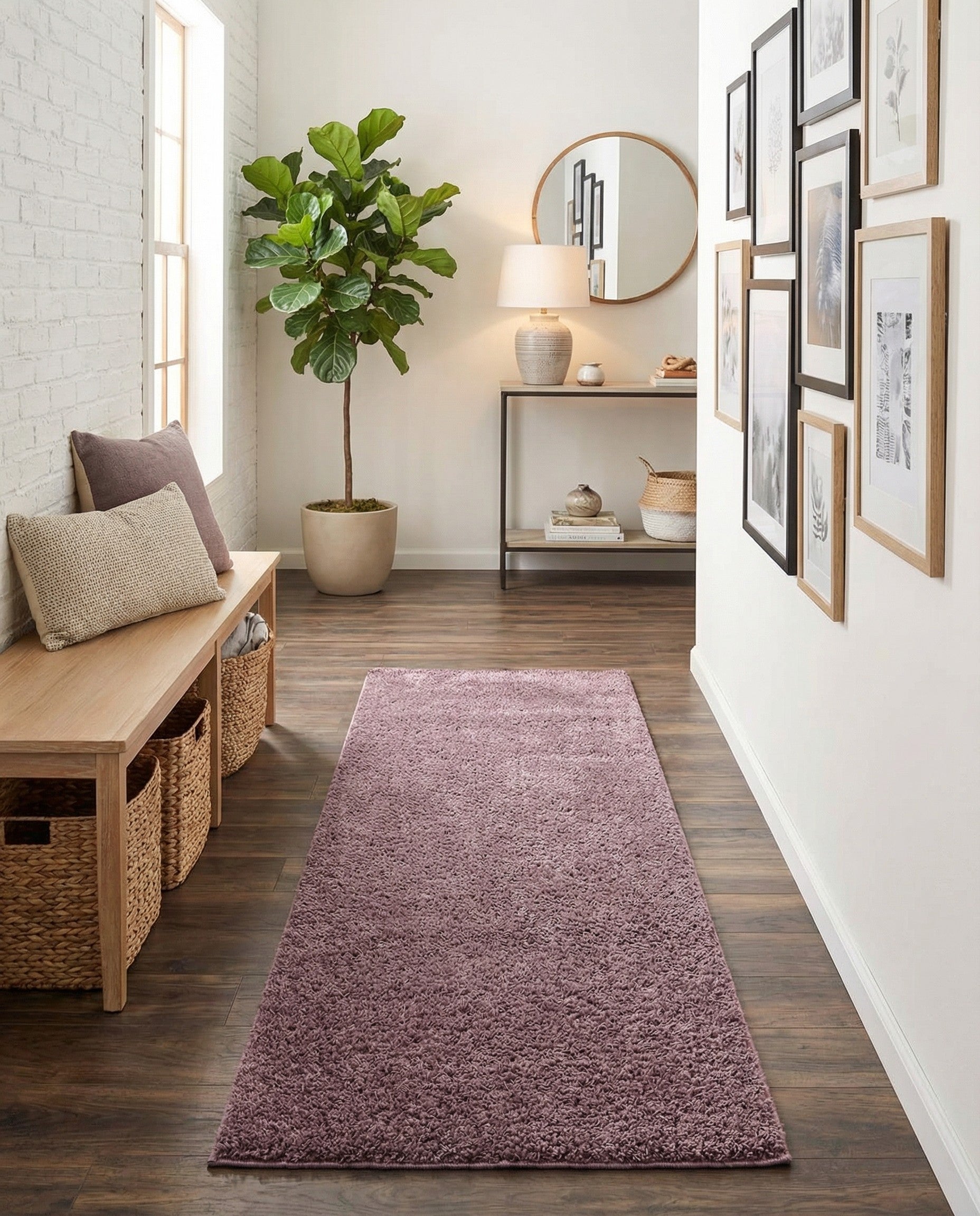 A 10 ft runner rug from the Rugs.com Solid Shag collection, featuring a plush, textured purple shag pile, ideal for a hallway.