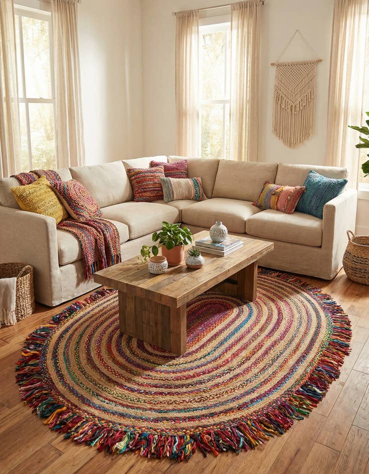 Detail image of  7' 10 x 10'  Hand Braided Chindi Jute Oval Rug