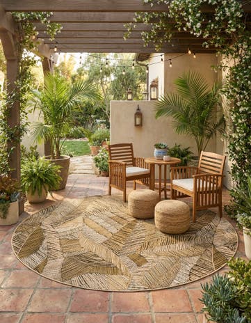 Brown and Beige Easy-Clean Botanical Indoor / Outdoor Round Rug