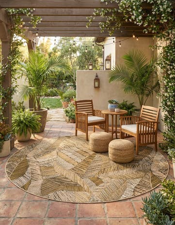 Brown and Beige Easy-Clean Botanical Indoor / Outdoor Round Rug