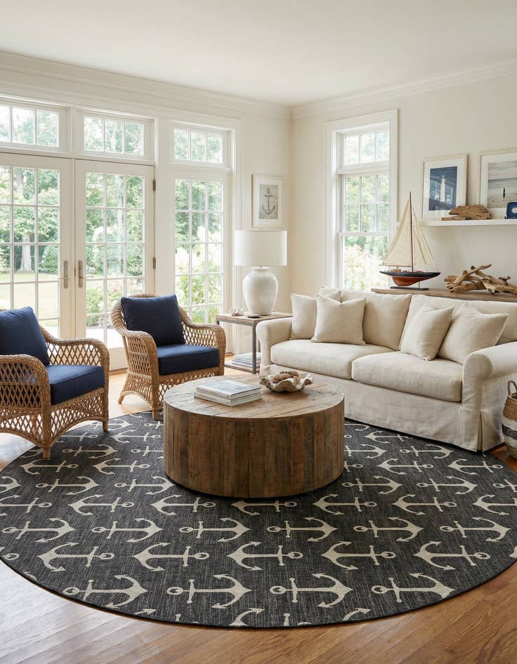 Detail image of 13' x 13'  Washable Coastal Indoor / Outdoor Round Rug